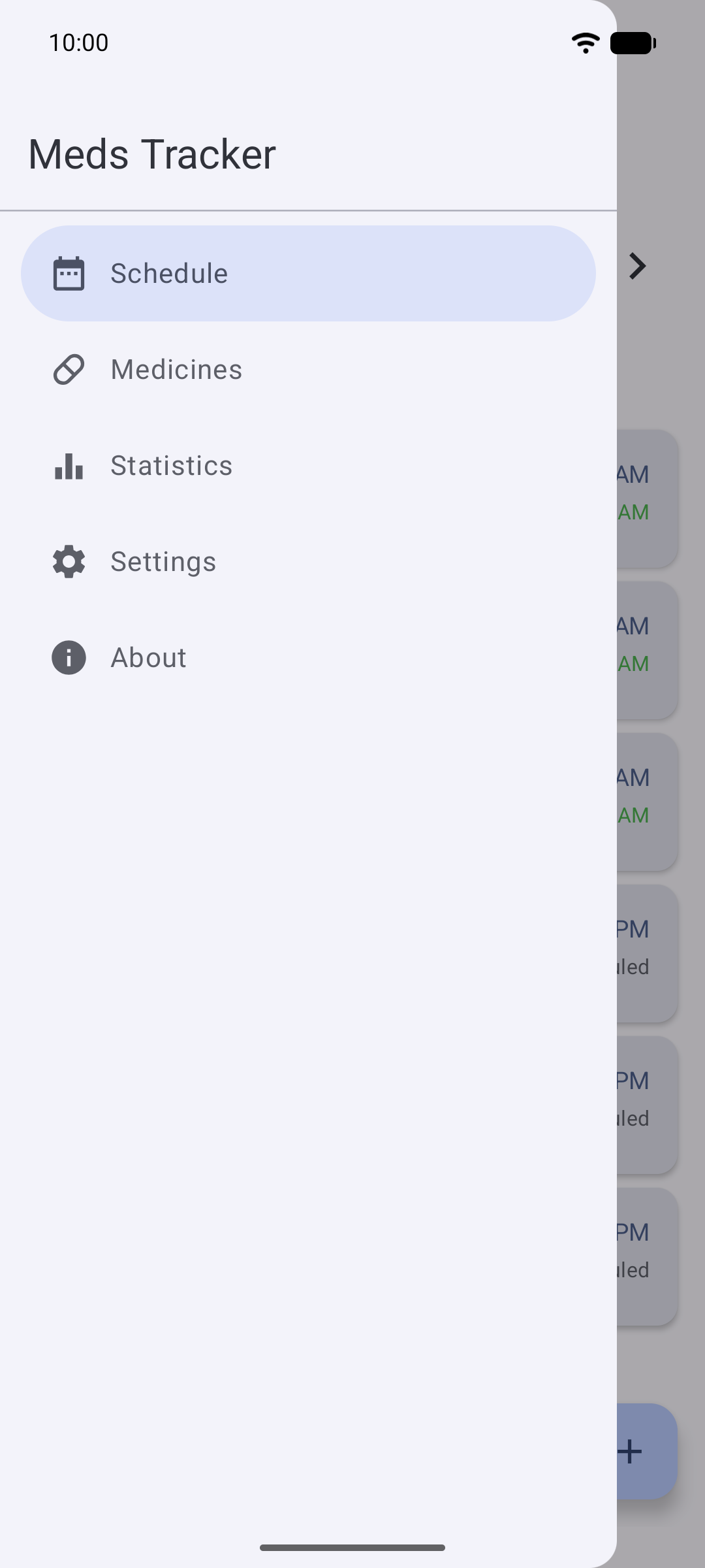 The navigation drawer open over the schedule, showing every section of the app