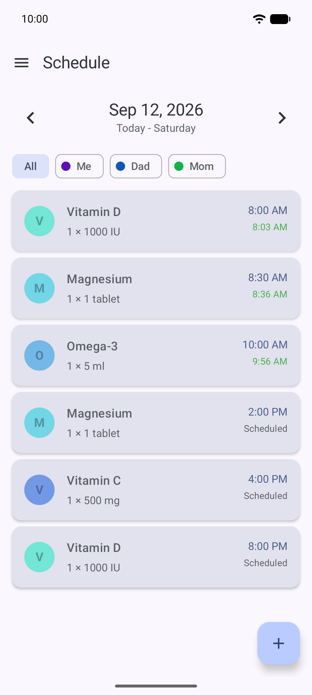 The day's schedule with doses ticked off and still to come